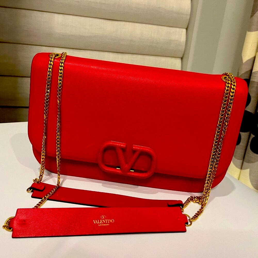 Valentino Garavani Vlogo  Chain Strap  Red Leather Shoulder/Crossbody Bag